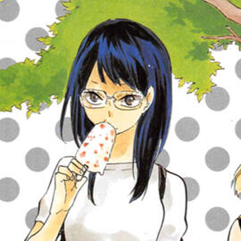 Kiyoko is seen from the shoulders up eating a popsicle. She is wearing a white shirt and there's a tree branch behind her.