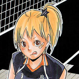 Yachi is seen from the shoulders up in a Karasuno volleyball jersey. She has a determined expression and shes in front of a net.