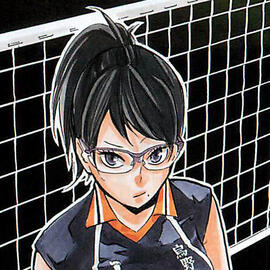 Yachi is seen from the shoulders up eating a popsicle. Her hair is in pigtails and she is wearing a yellow tank top.