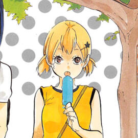 Yachi is seen from the shoulders up eating a popsicle. Her hair is in pigtails and she is wearing a yellow tank top.